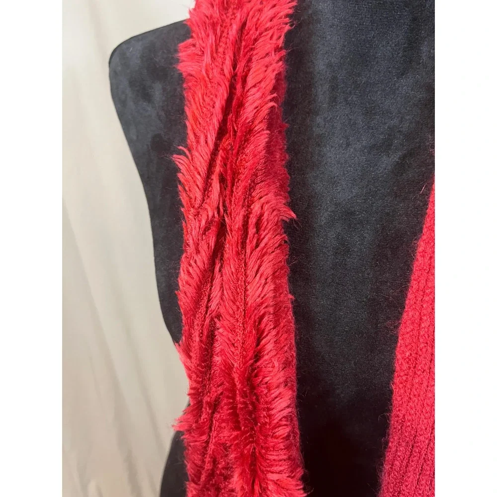 Red Eyelash Knit Shaggy Faux Fur Trim Ribbed Scarf with Fringe Statement Red‎